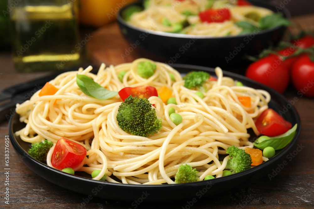 Plate of delicious pasta primavera, closeup view