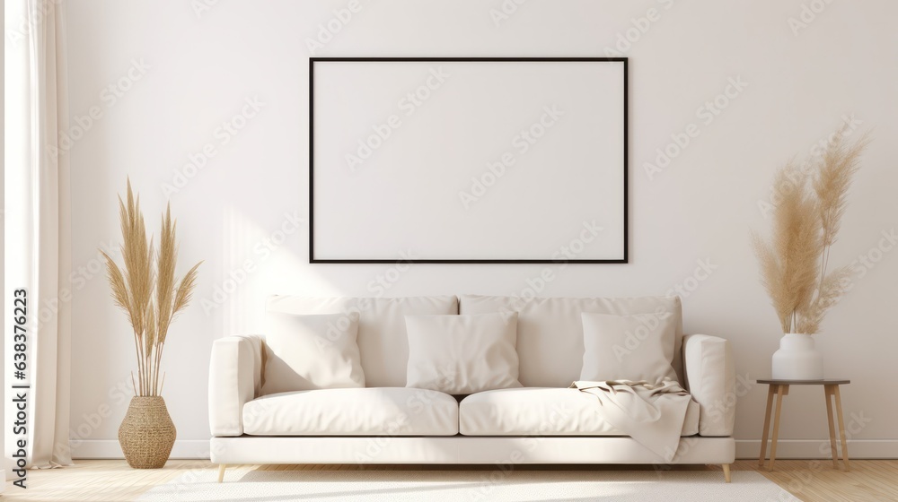 horizontal poster frame mock up, scandinavian style living room interior with modern white sofa and 