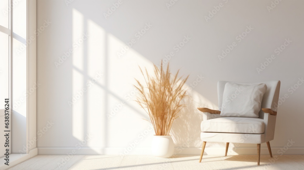 soft armchair and a vase with dry grass in empty room in morning light, minimalist modern living roo