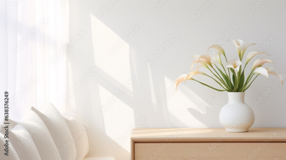 modern white cabinet with white calla lily flowers in a vase, sunlight from the window, empty wall m