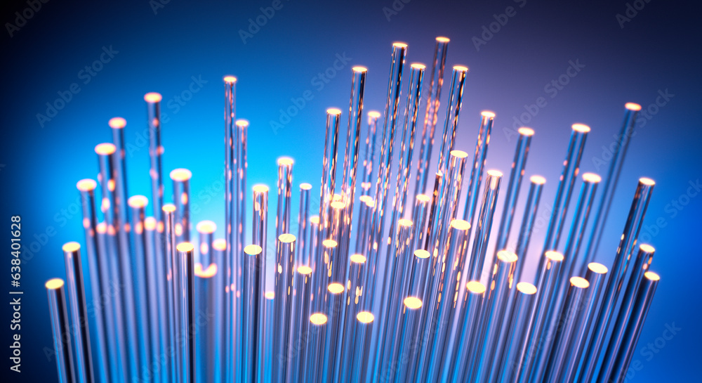 Close up of fiber optics cable with light effects and blue background - 3D illustration