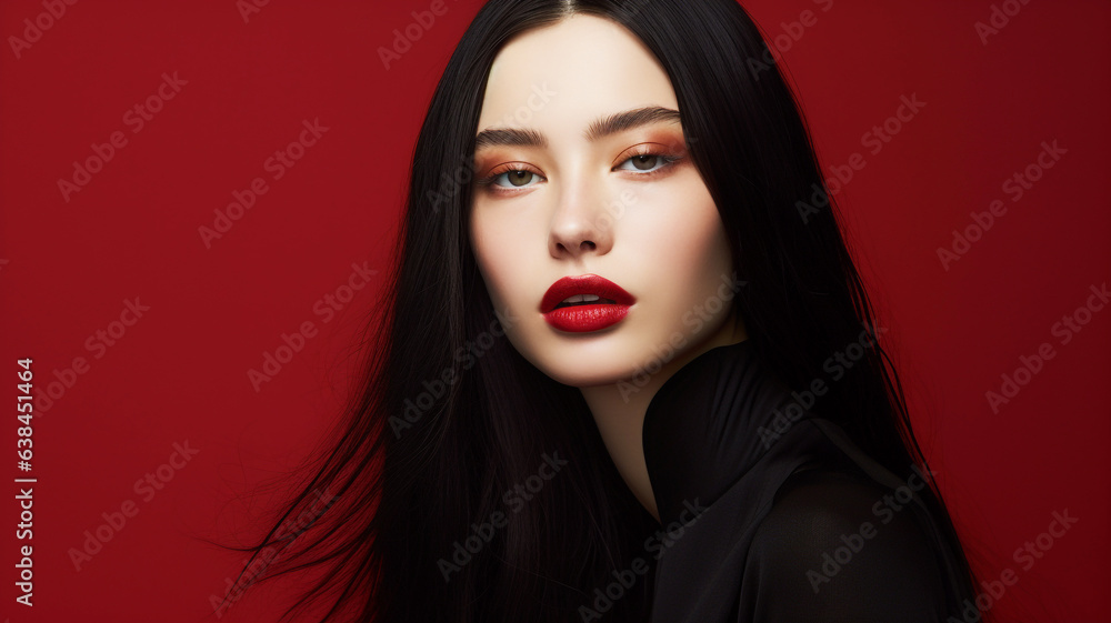 Haircare theme with Asian woman with long black hair