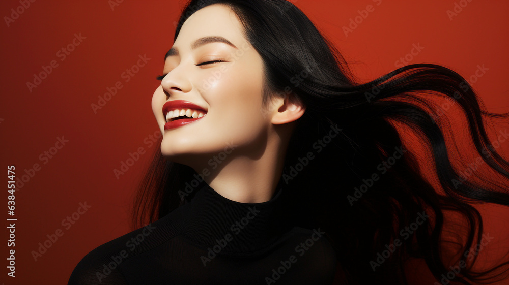 Haircare theme with Asian woman with long black hair