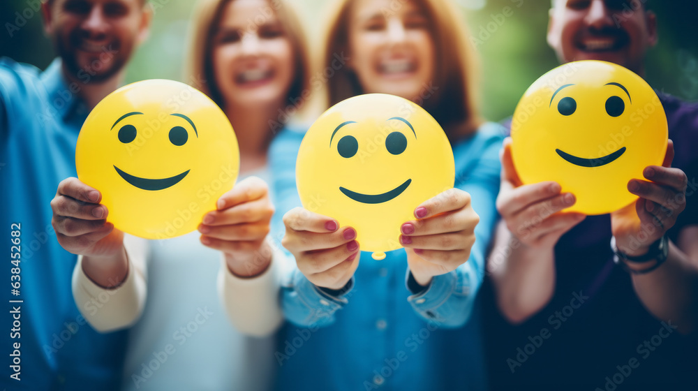 Happy people, happy group. Holding yellow smiley in their hands. Smiling face happy individual, posi