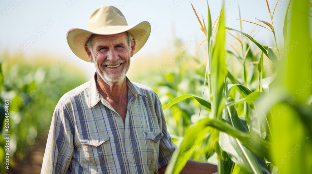 Happy senior american farmer standing in corn field wearing a straw hat