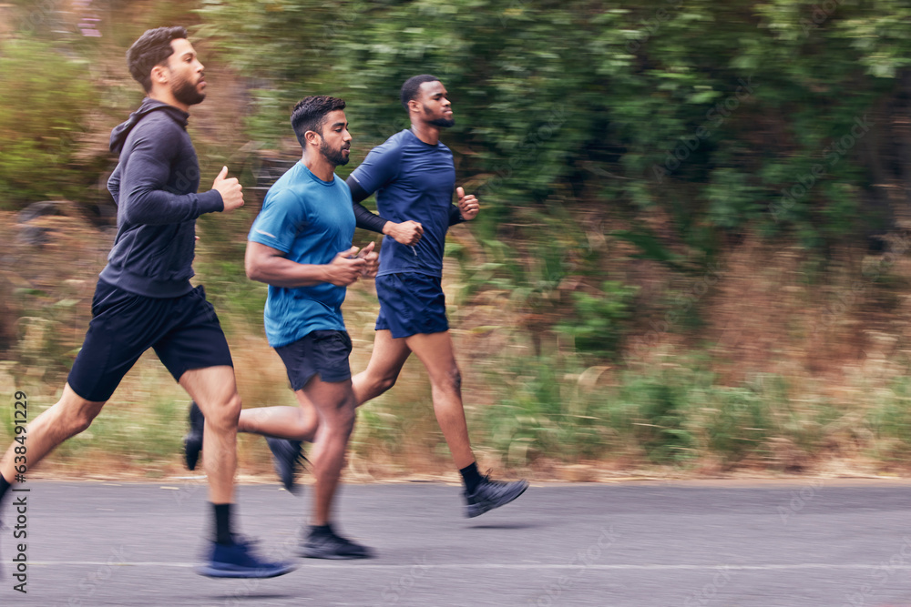 Running, fitness and men in a road for training, speed and energy, health and cardio routine in natu