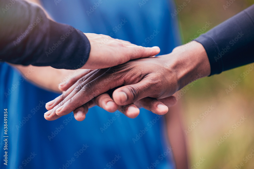 Fitness, hands and men in a park for training, goal and exercise motivation closeup. Friends, zoom a