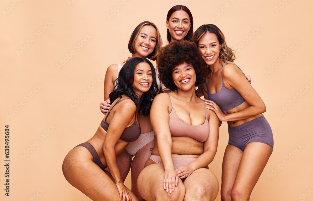 Portrait, diversity and women with beauty, cosmetics and body positivity on a beige studio backgroun