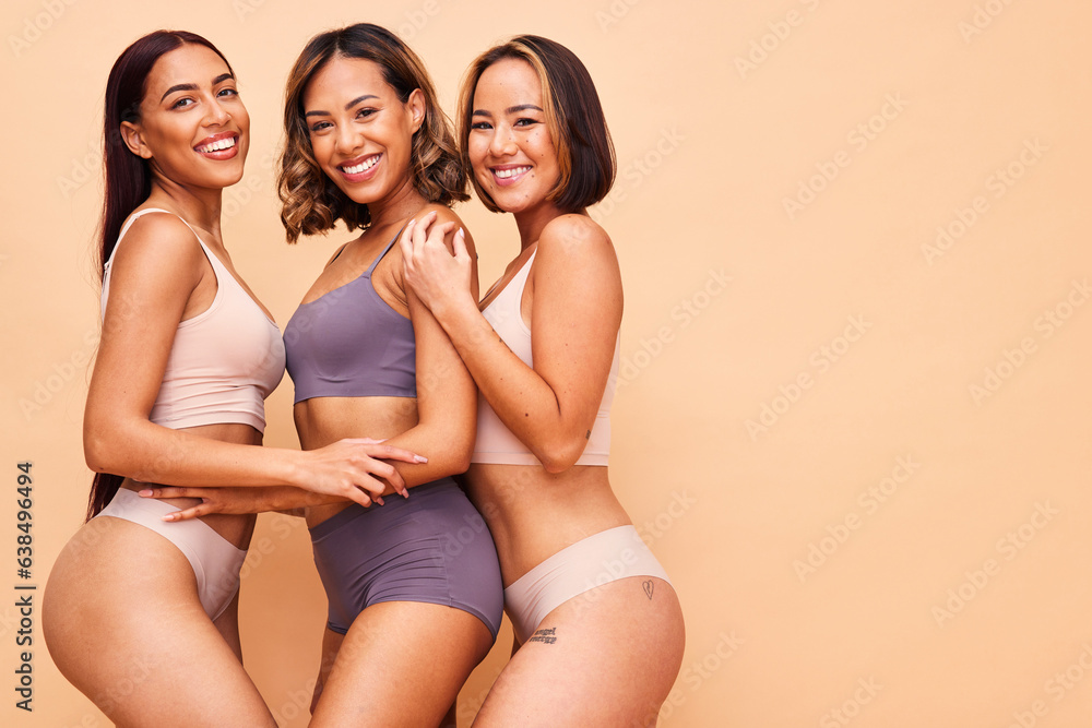 Diversity, beauty and portrait of happy women in underwear with smile, self love and solidarity in s