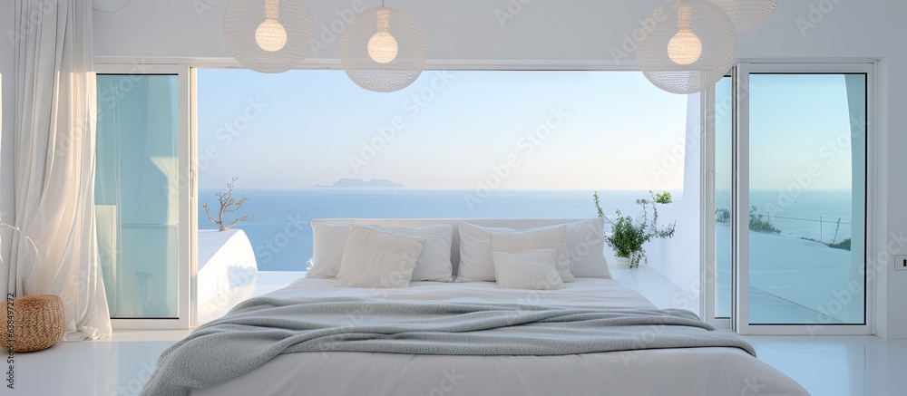 Round hanging lamps over a cozy bed in a bedroom with white walls and a door to terrace