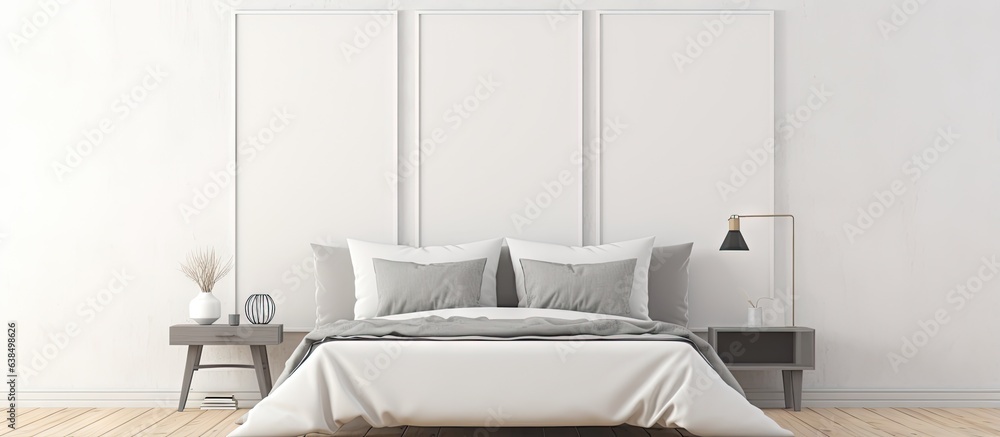 Empty Frame on Wall in Modern Bedroom with White Planks Floor is Ideal for Art or Print Mockups