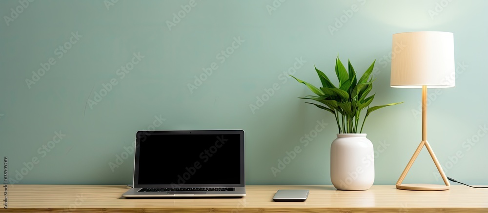 Modern room with desk holding laptop vase of bamboo