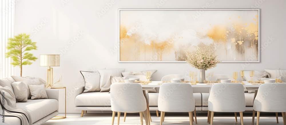 Dining table chairs in bright open space with sofa and gold painting on wall