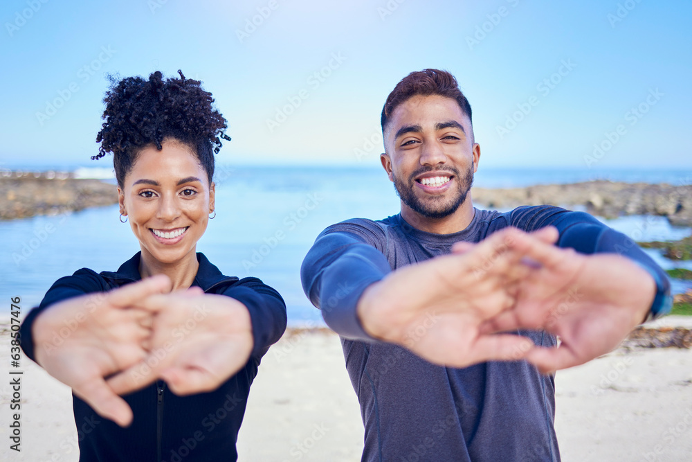 Portrait, beach and couple stretching, fitness and exercise with training, warm up and runner with w