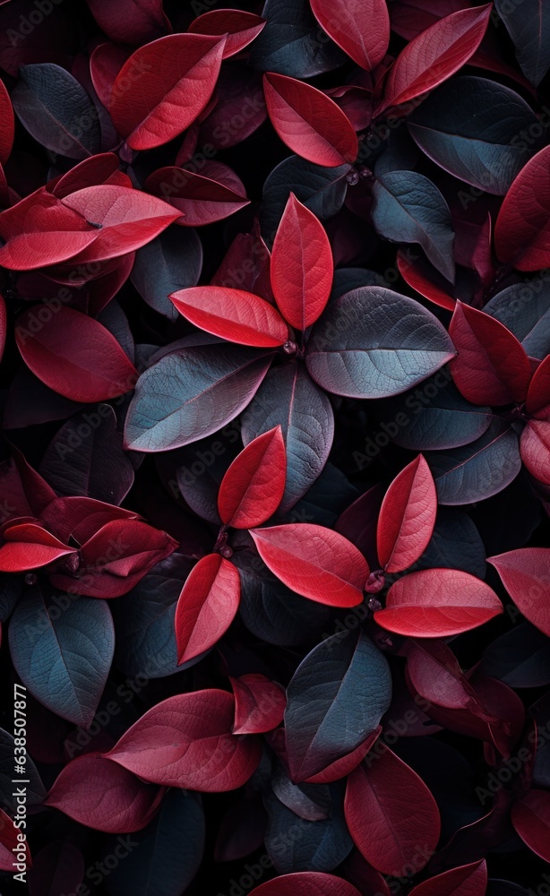 A dark background with many leaves in the foreground