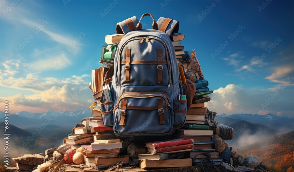 Books with backpack over the sky and some falling leaves