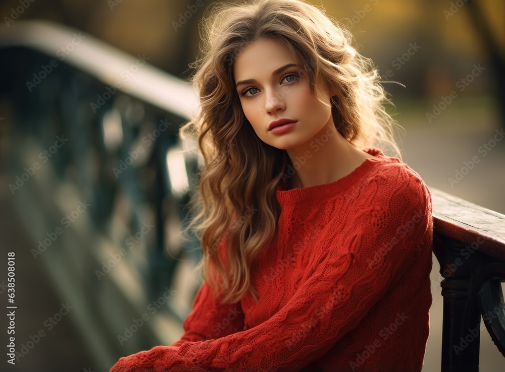 Beautiful woman is sitting on a bench in park in autumn season