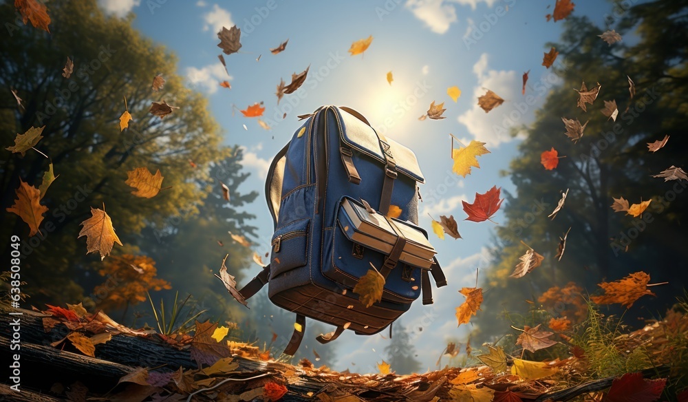 Books with backpack over the sky and some falling leaves