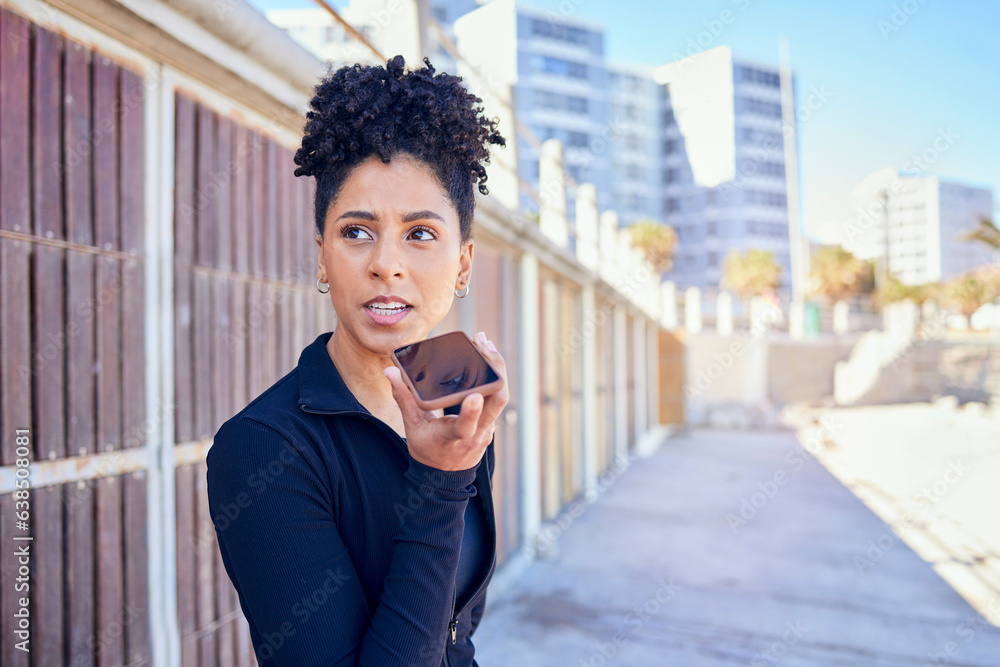 Phone, voice recognition and young woman recording an audio text message for outdoor exercise. Techn