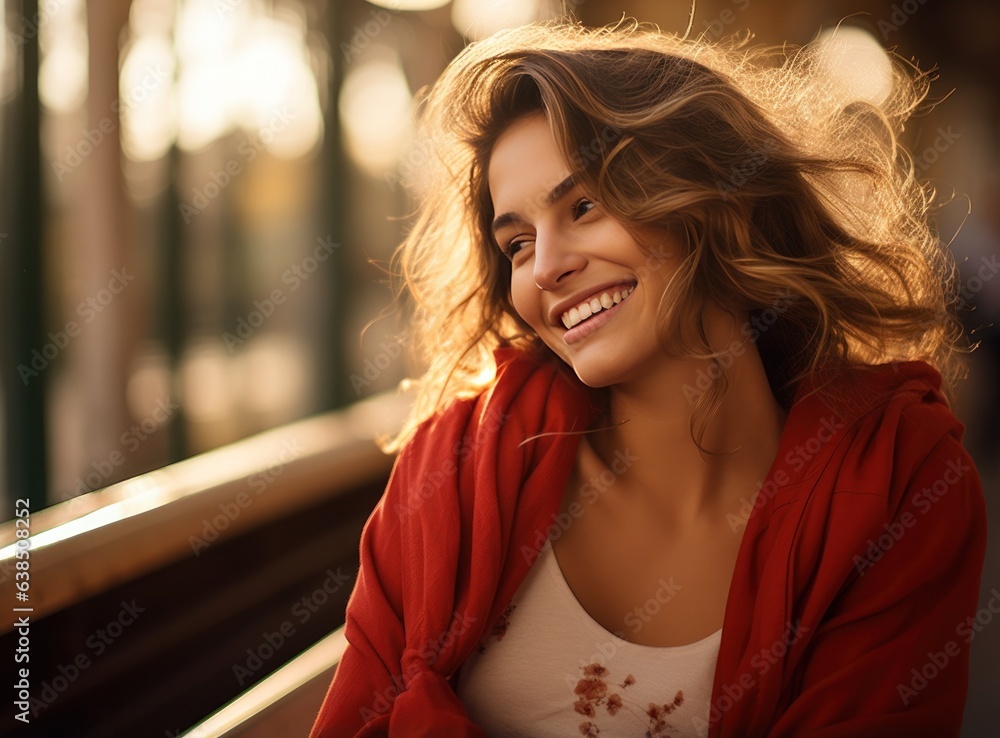 Beautiful woman is sitting on a bench in park in autumn season