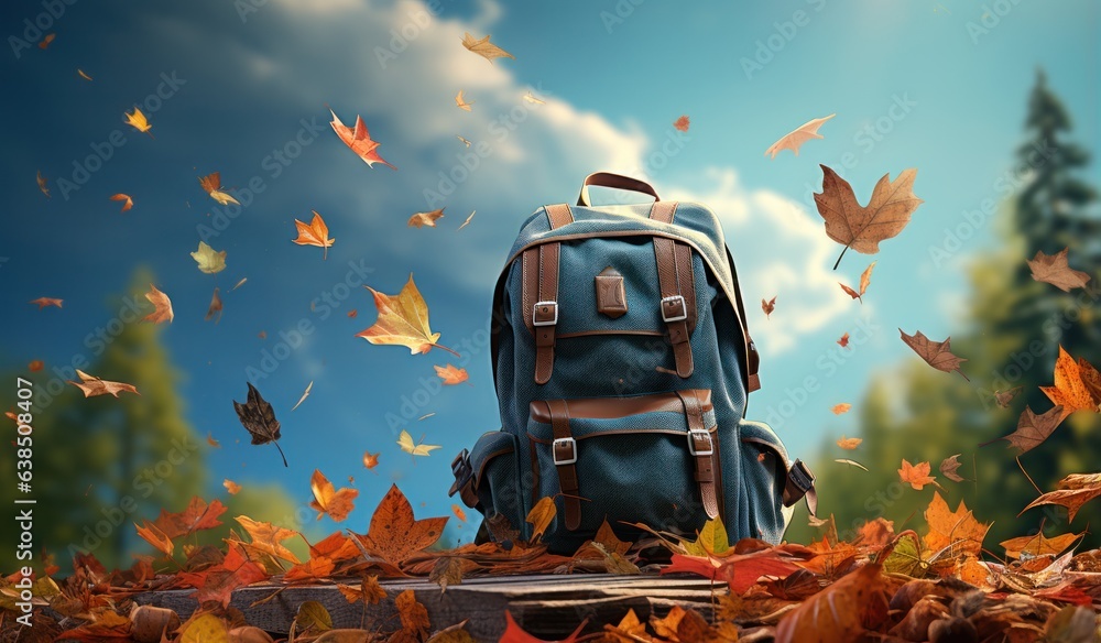 Books with backpack over the sky and some falling leaves