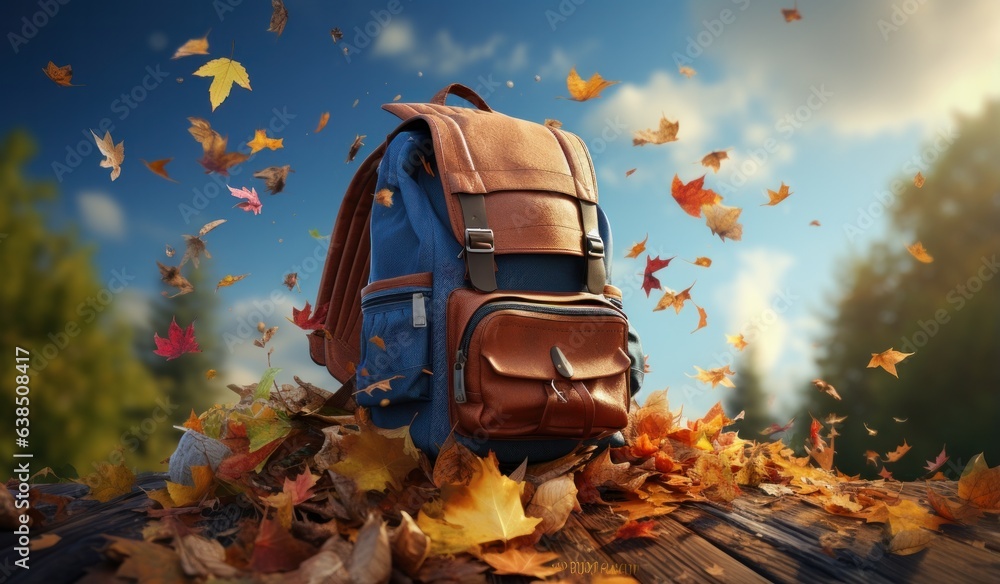 Books with backpack over the sky and some falling leaves