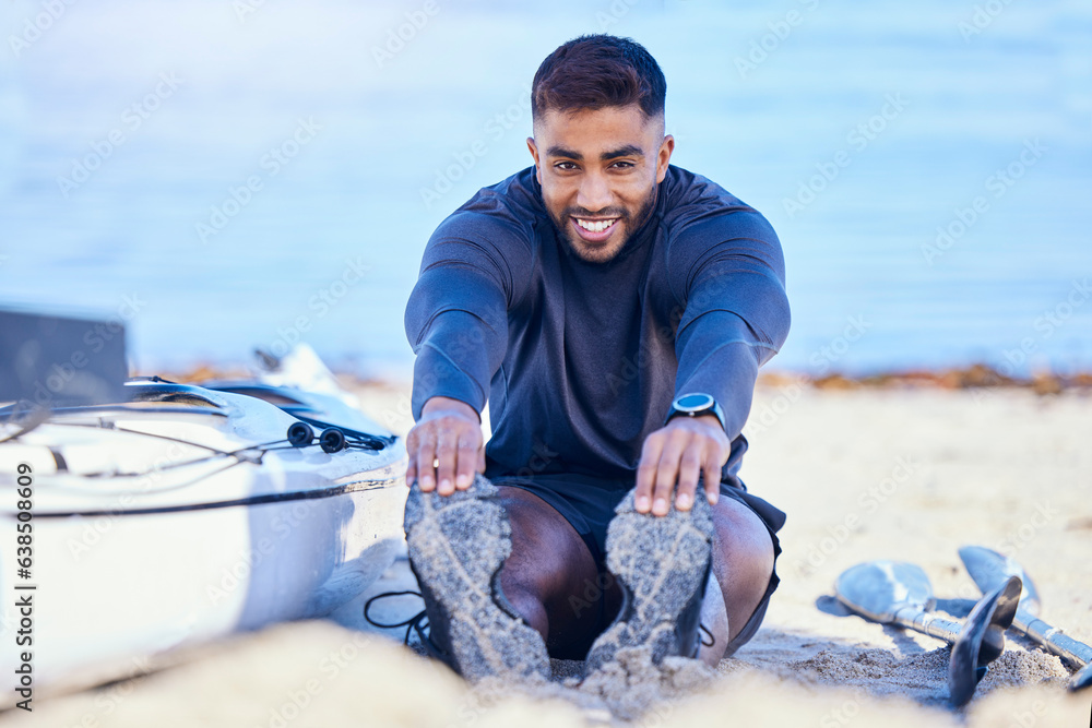 Portrait, beach and man stretching legs to start workout, training and kayak exercise for sports. Ha