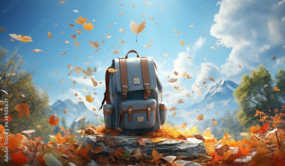 Books with backpack over the sky and some falling leaves