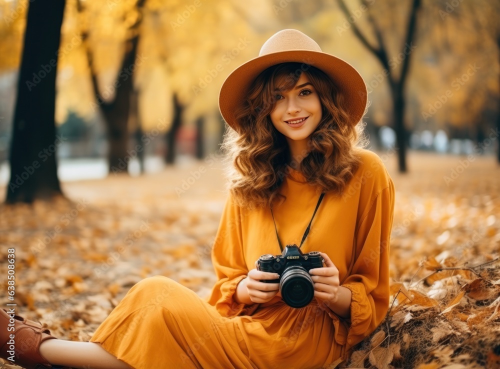 Beautiful female autumn woman with camera in park