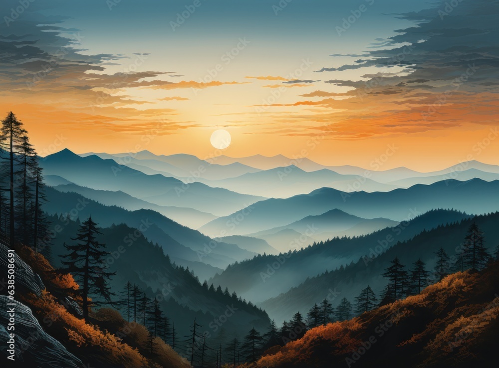 Mountain landscape with blue skies and orange colors