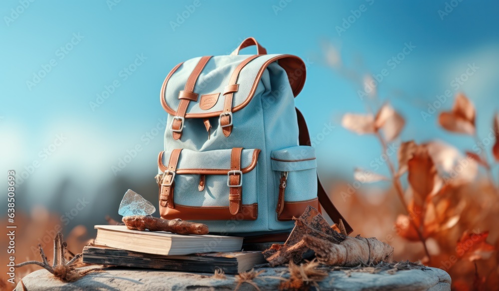 Books with backpack over the sky and some falling leaves