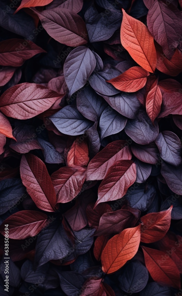 A dark background with many leaves in the foreground