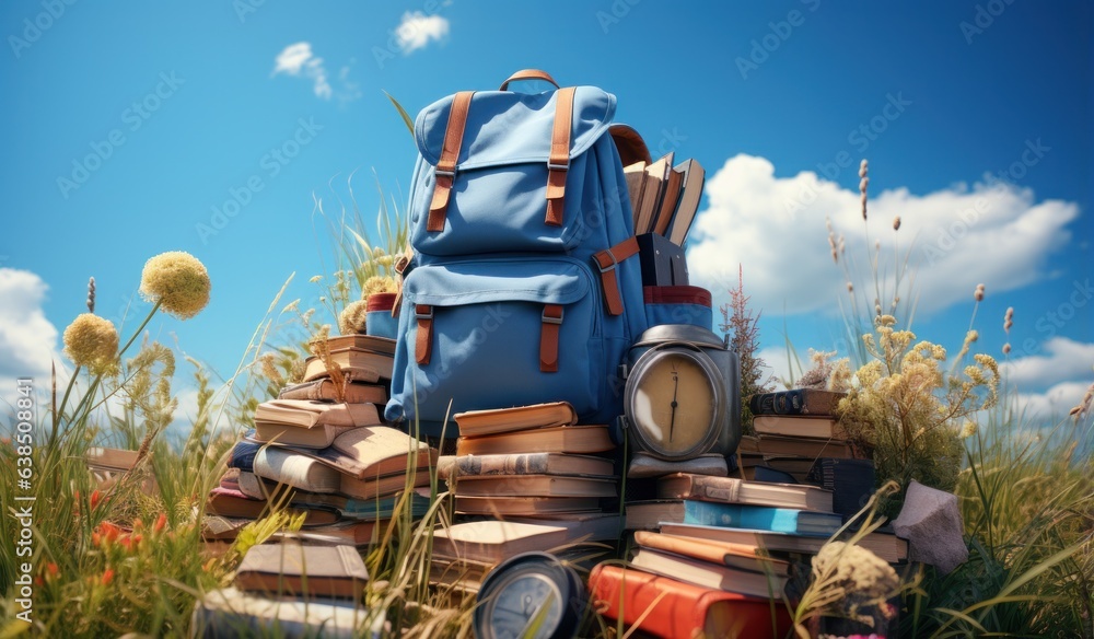 Books with backpack over the sky and some falling leaves