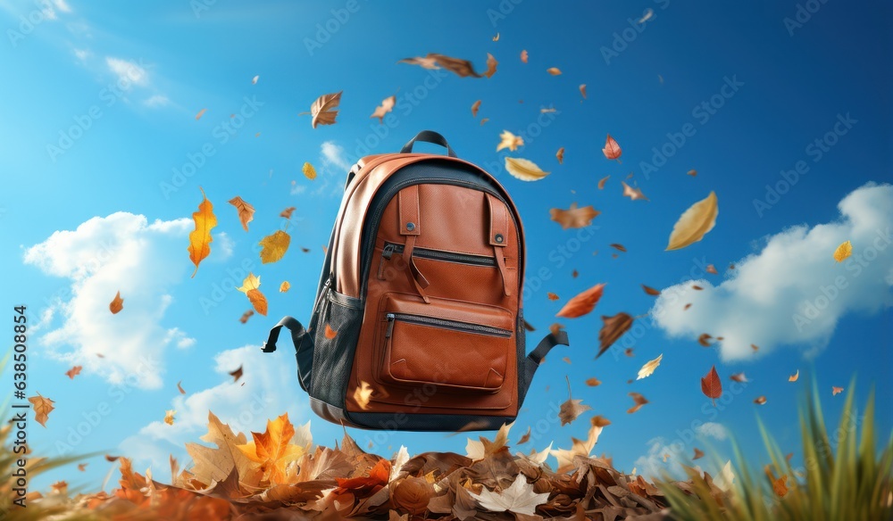 Books with backpack over the sky and some falling leaves