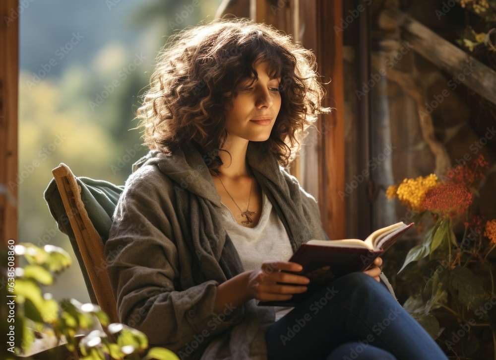 Young woman reading book in room inside balcony house with potted plants