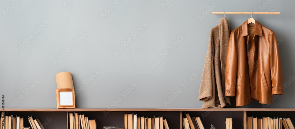 A defocused background with a brown coat and books hanging is part of a simple wardrobe