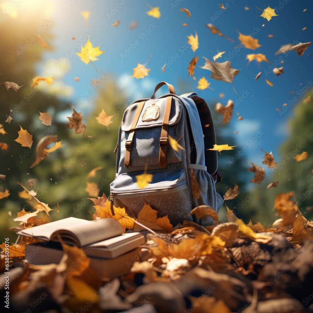 Books with backpack over the sky and some falling leaves