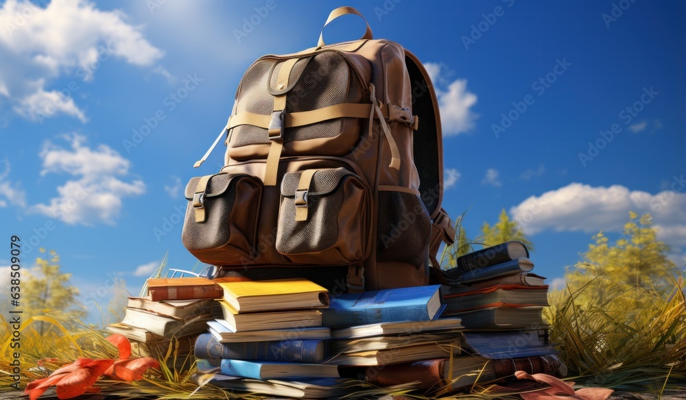 Books with backpack over the sky and some falling leaves