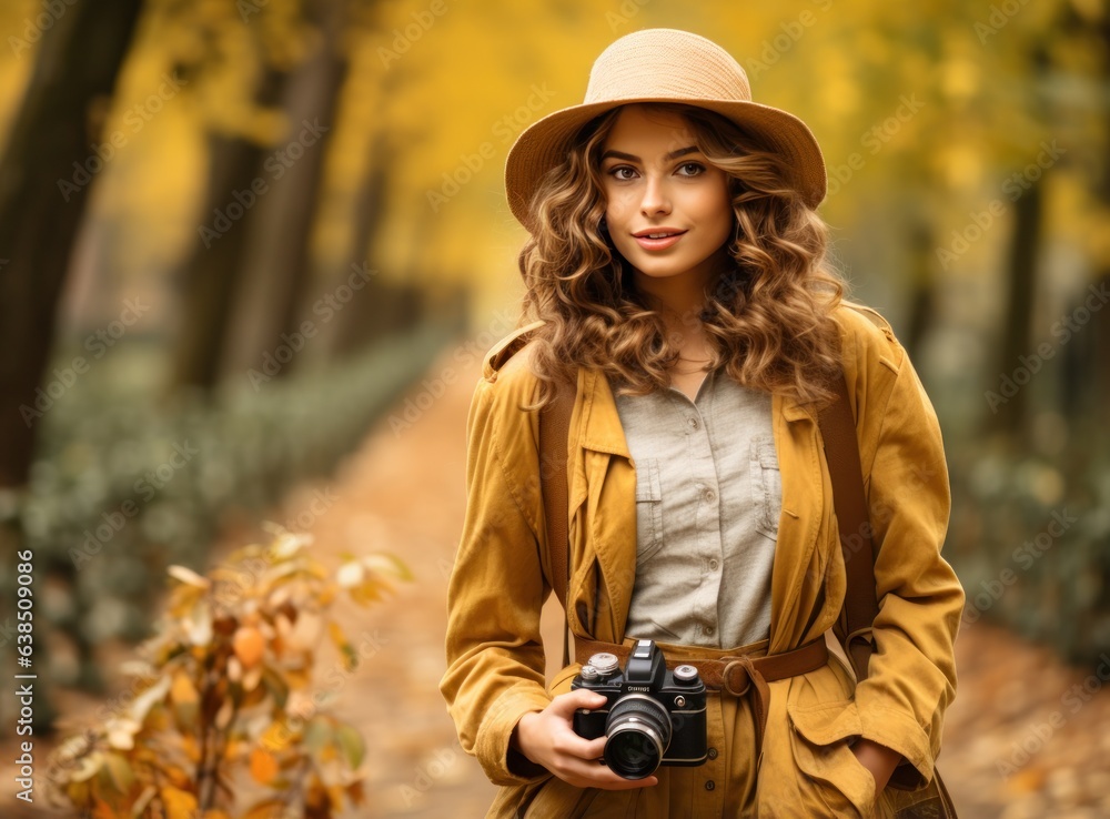 Beautiful female autumn woman with camera in park