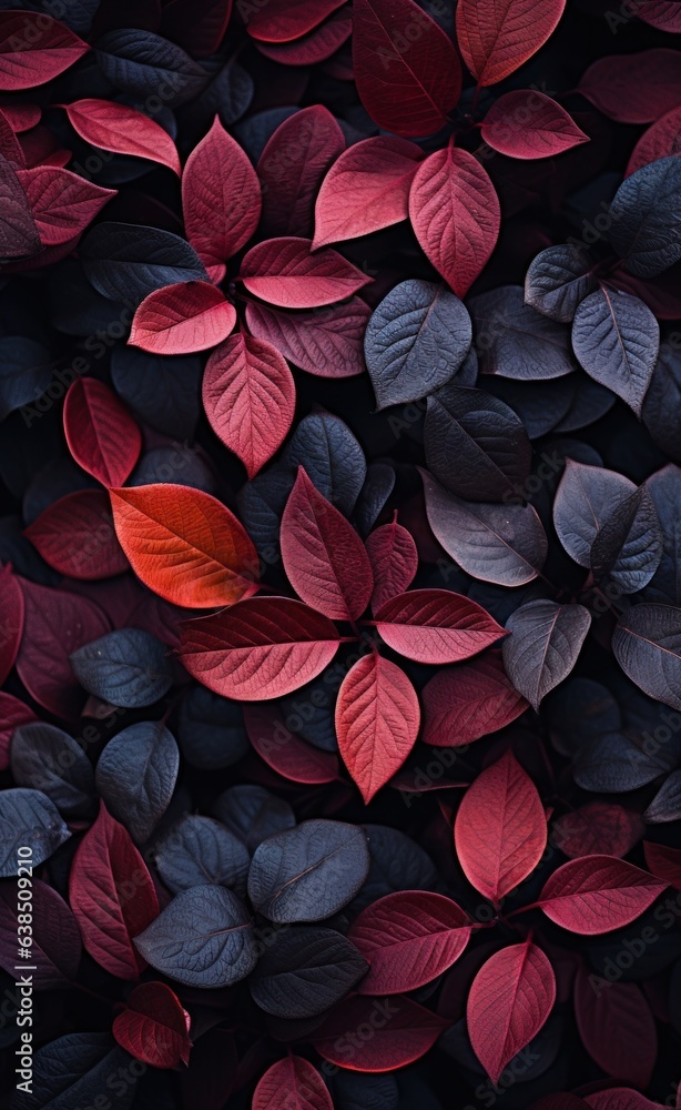 A dark background with many leaves in the foreground