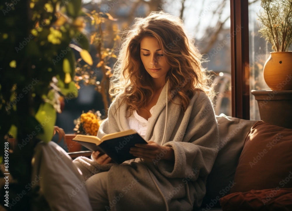 Young woman reading book in room inside balcony house with potted plants