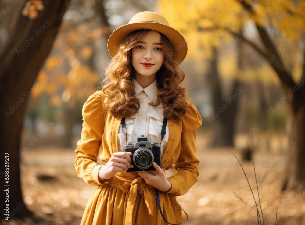 Beautiful female autumn woman with camera in park