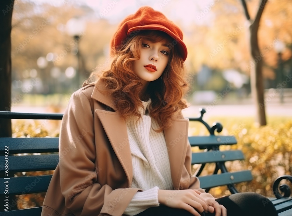 Beautiful woman is sitting on a bench in park in autumn season