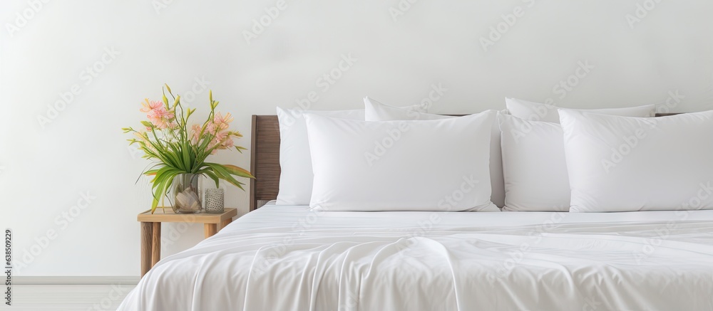 White king size bed with bedding and towel in bedroom for relaxation