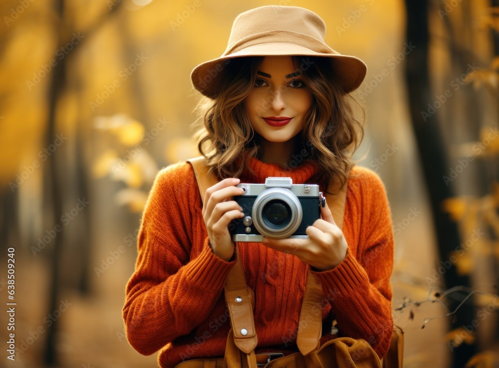 Beautiful female autumn woman with camera in park