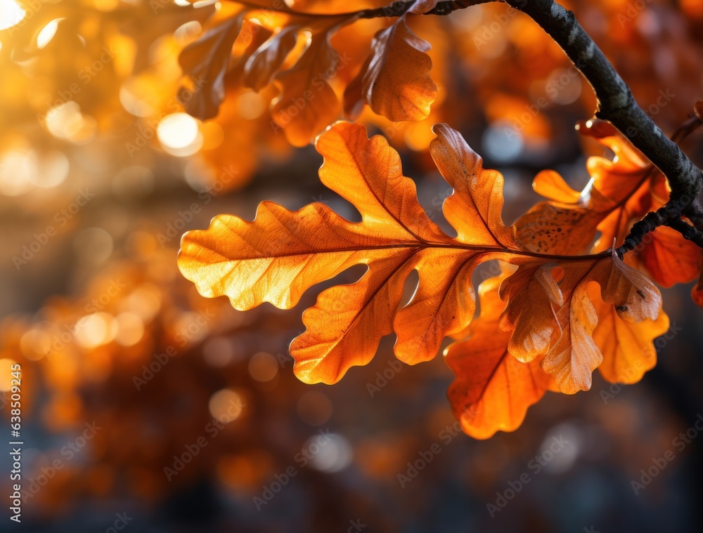 Oak leaves background framed by red light