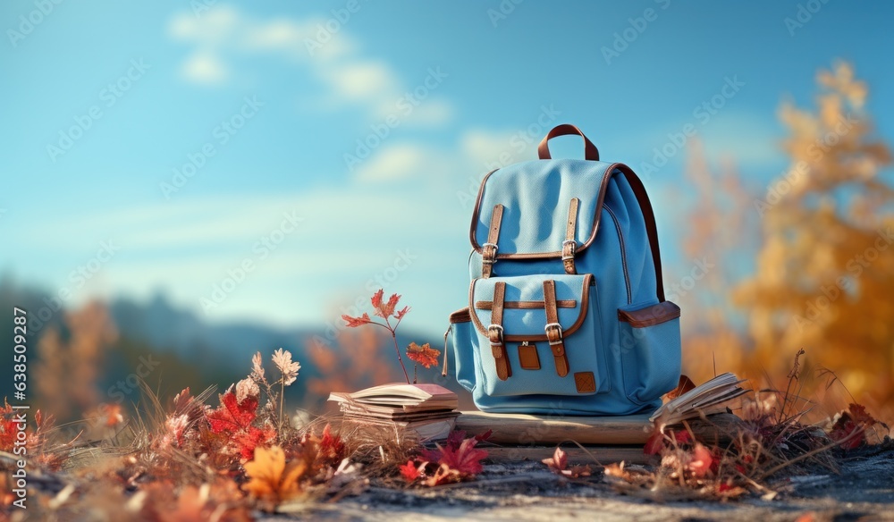 Books with backpack over the sky and some falling leaves