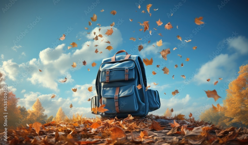 Books with backpack over the sky and some falling leaves