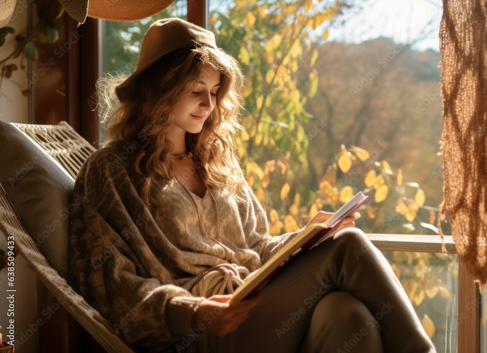 Young woman reading book in room inside balcony house with potted plants