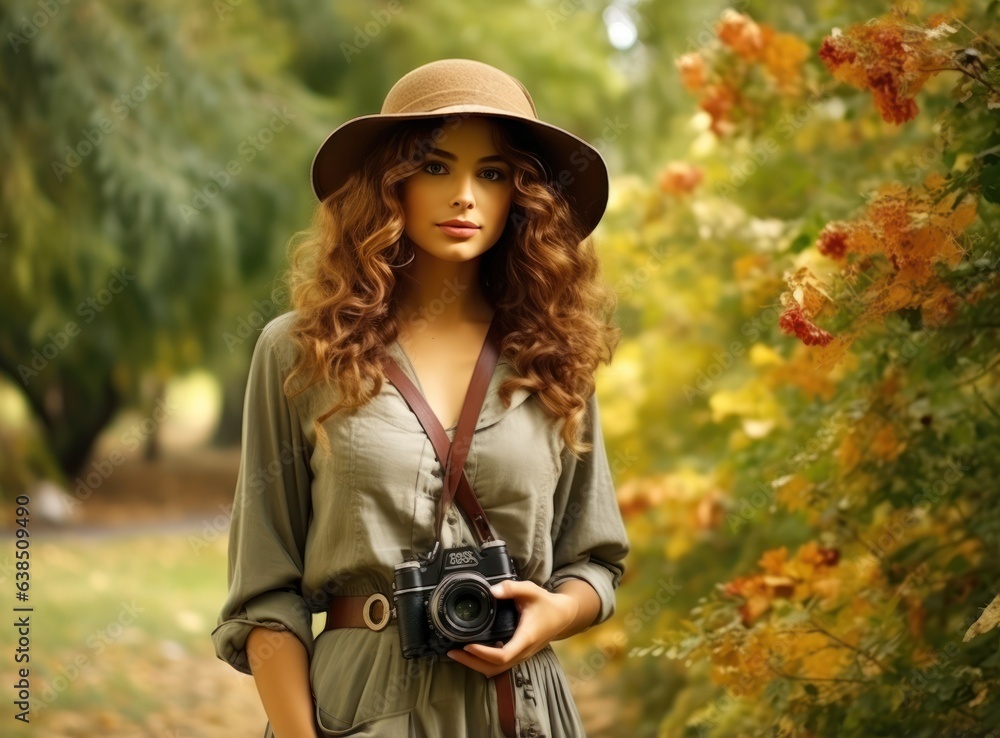 Beautiful female autumn woman with camera in park